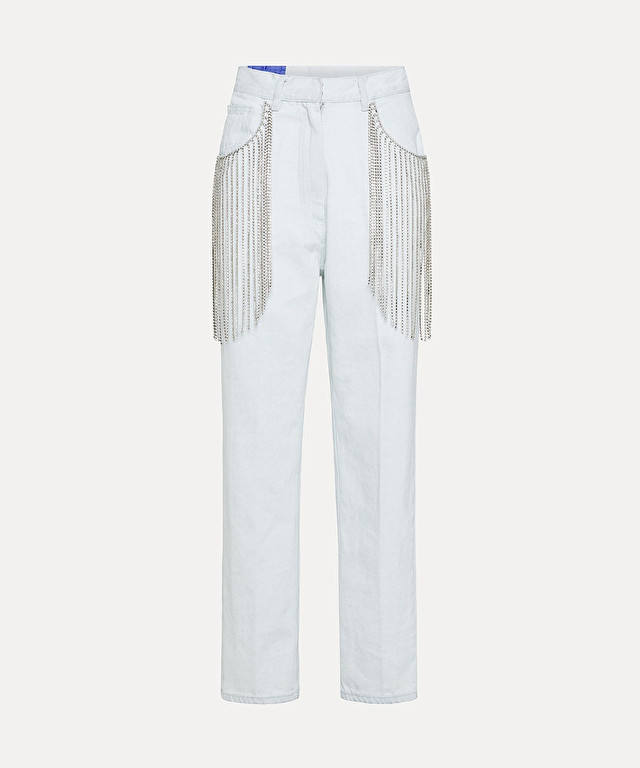 5–pocket bleached–denim jeans with diamanté fringing