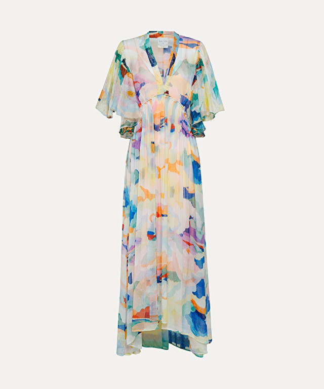 silk chiffon dress with "up above in the sky" print