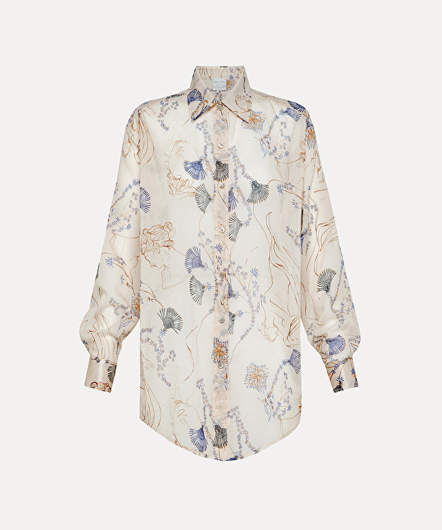 mannish shirt in silk–and–cotton voile with a “musa” print