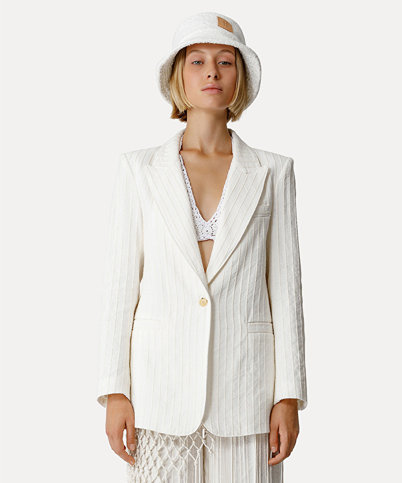 jacket in cotton and linen with a bouclé pinstripe | forte_forte