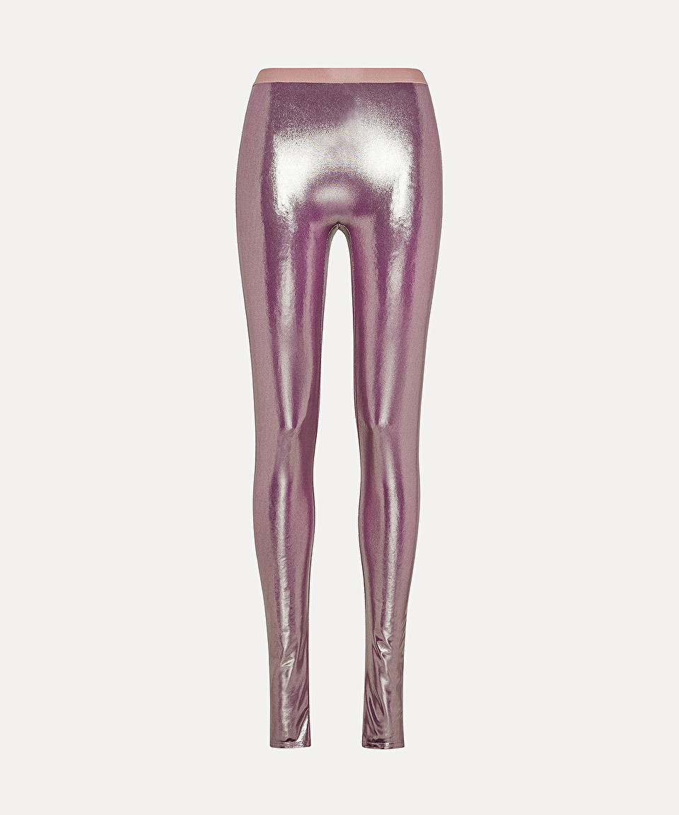 leggings with foot stirrups in liquid–like “iridescence” jersey