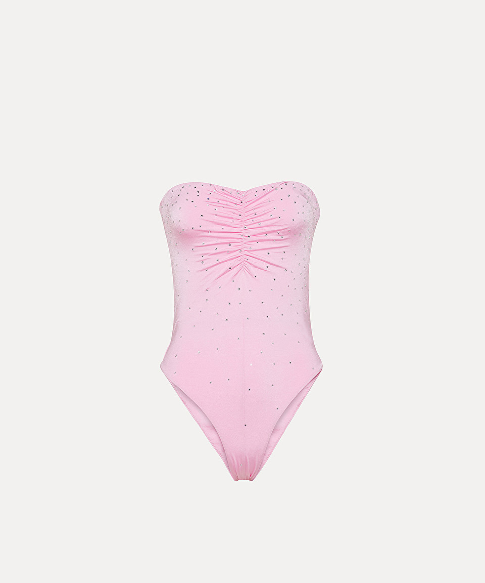 chic one–piece bandeau swimsuit in jersey with crystal detailing